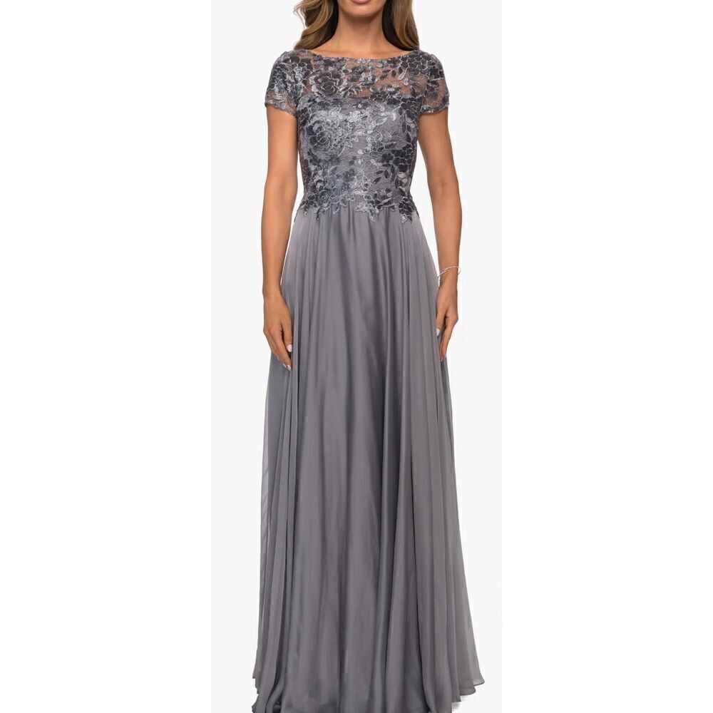 La Femme Short Sleeve Metallic Lace Evening Dress with Chiffon Skirt in Platinum